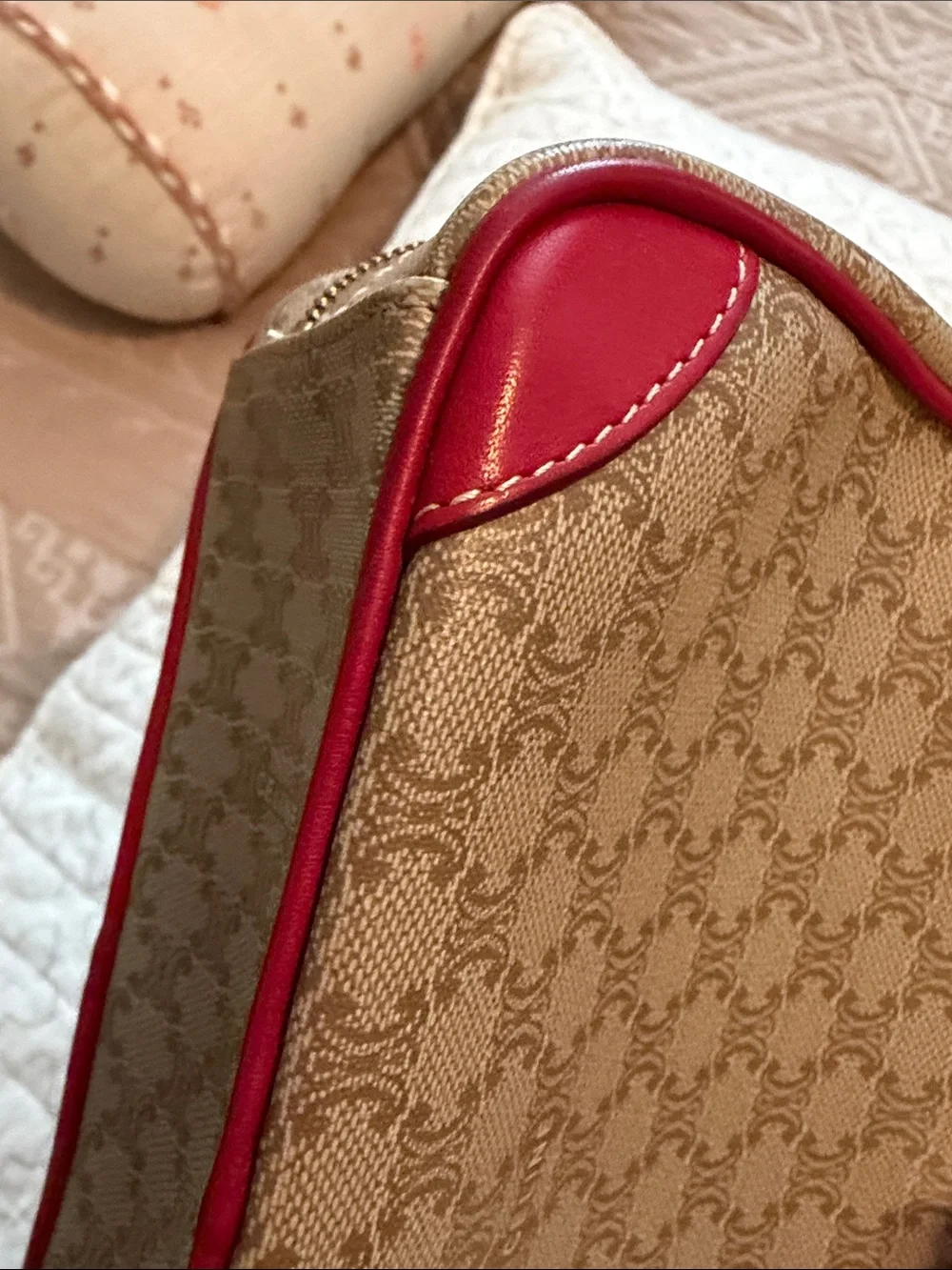 Celine Beige Monogram Cosmetic Case with Red Trim